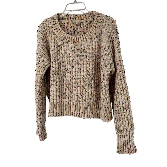 Chunky Knit Sweater Womens Size L Cream Colorful Dot Crop Chenille Knit Pullover - Picture 1 of 7